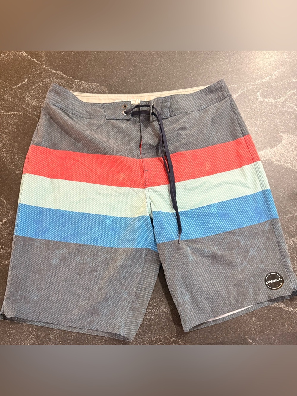 O'Neill Gray Board Shorts with Red, Mint & Blue Stripes